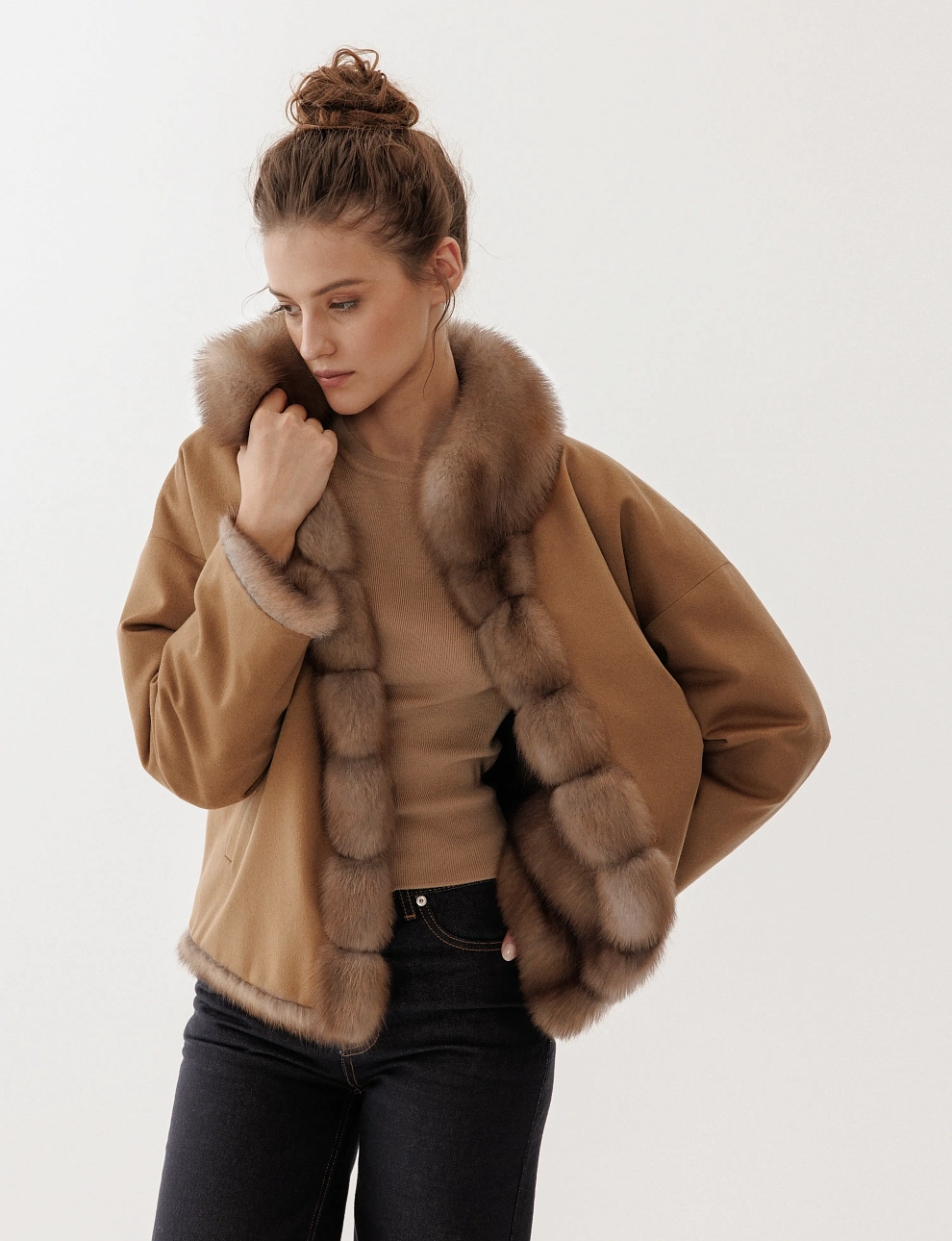 Шуба двусторонняя из кашемира и натурального меха куницы